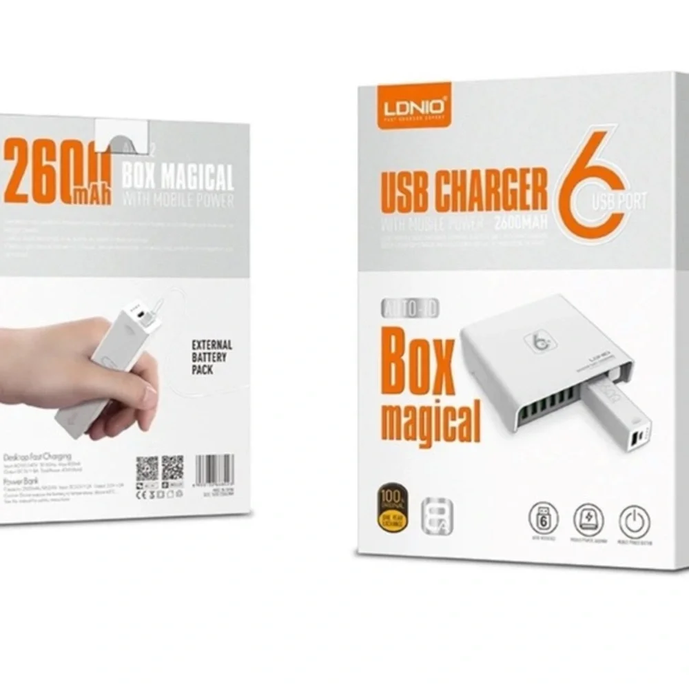 LDNIO USB charger with 6 ports. Features a sleek white design